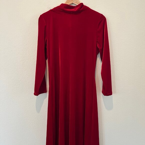 Maxi Dress Red Velvet Tie Mock Neck Long Sleeve Elegant Formal Fairy Holiday - Picture 7 of 12